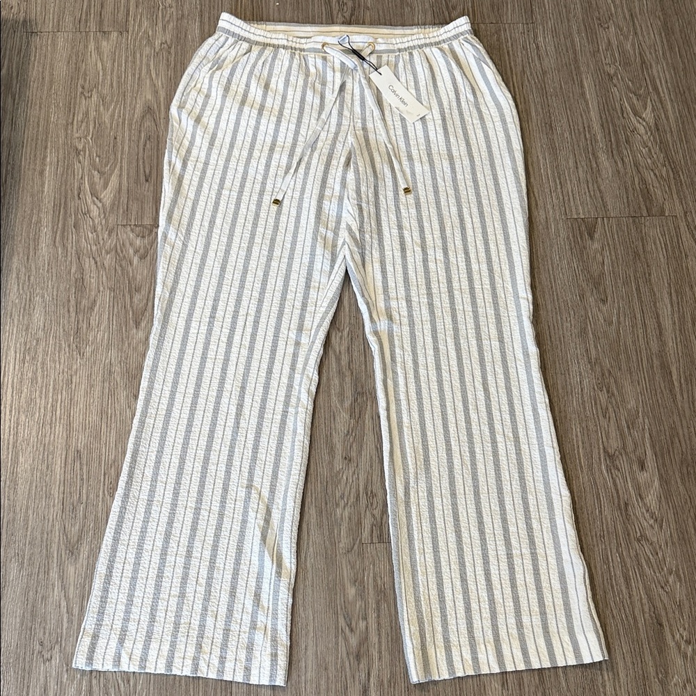Calvin Klein White and Light Blue Striped Boot Cut Pants Size L